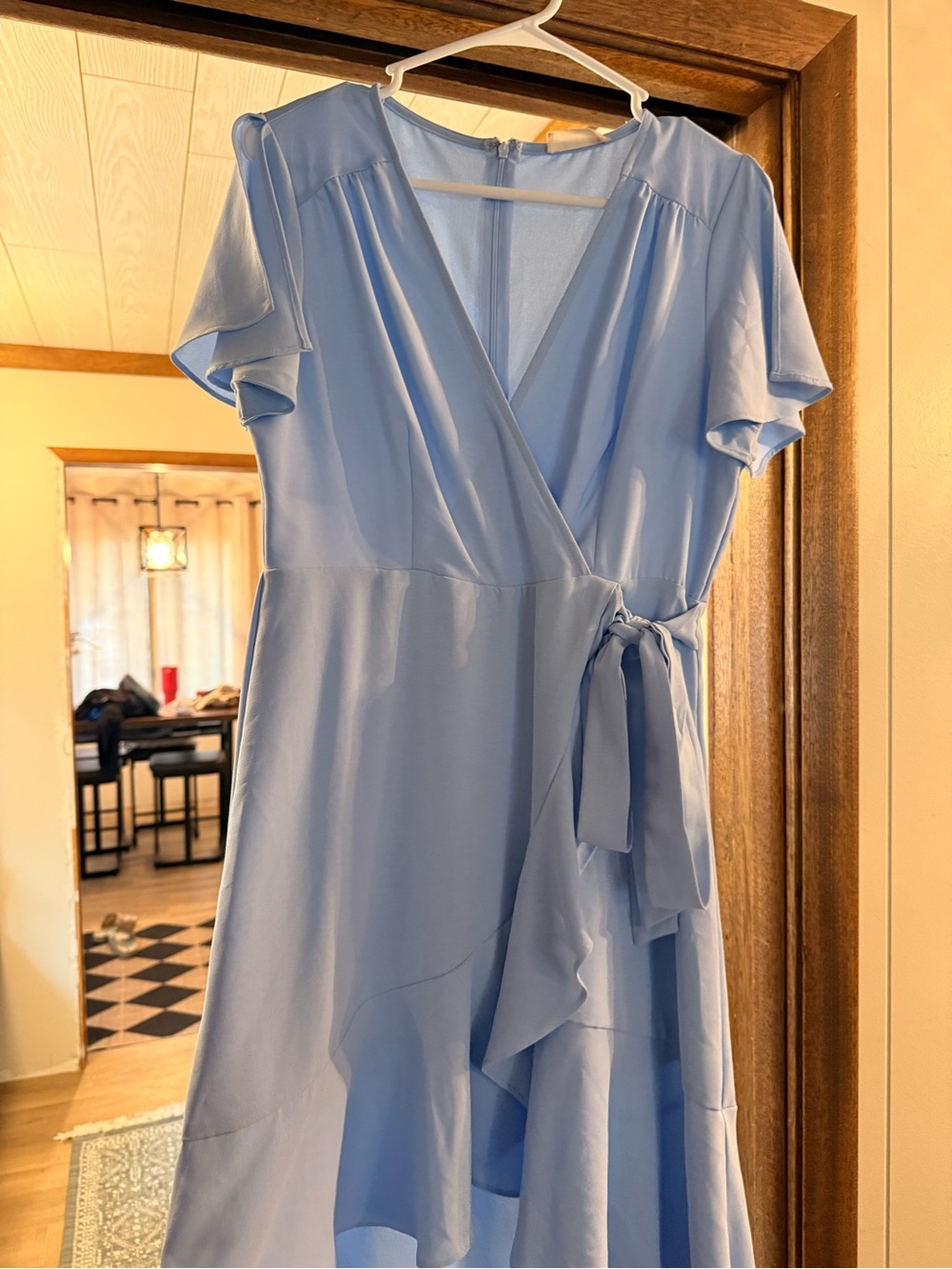 Light Blue Wrap Midi Dress with Ruffle Tie